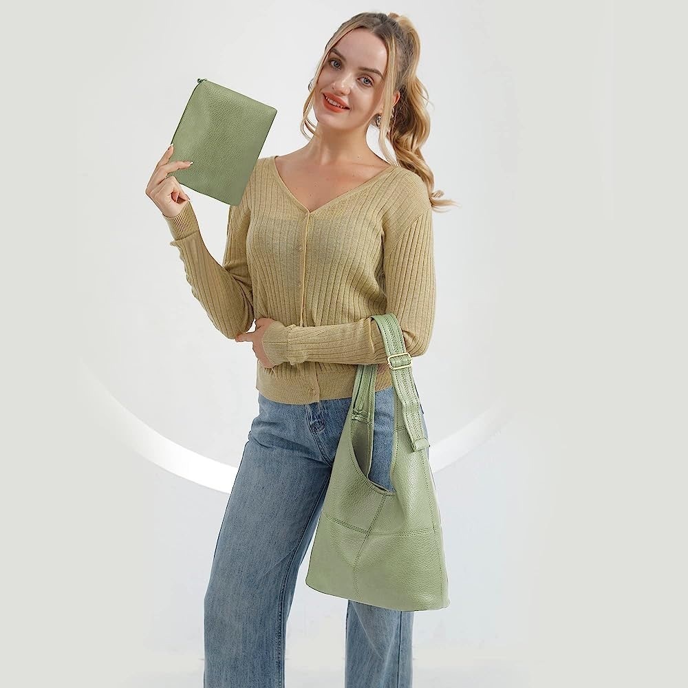 GREEN SUPER SOFT VEGAN LEATHER SHOULDER BAG AND COIN CLUTCH 2 PIECE SET - Picture 2 of 6